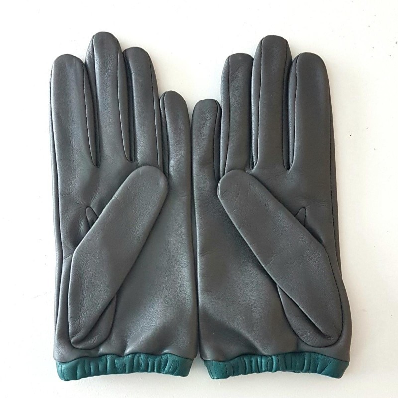 Gants Cuir d'Agneau Gris Vert Jacqueline Doublés soie.
