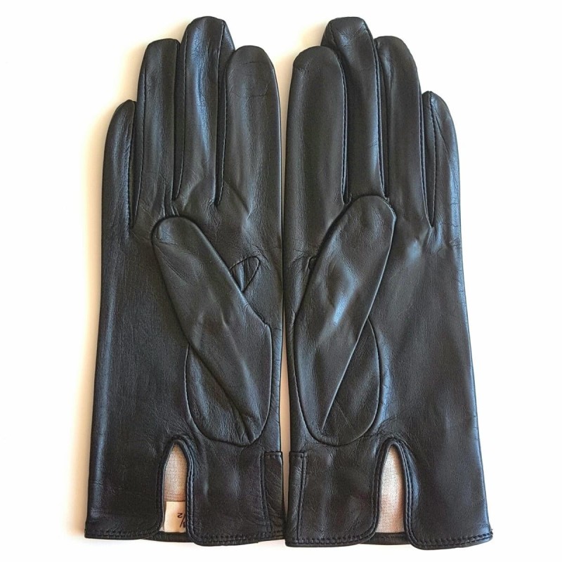 Gants en Cuir d'Agneau Noir Blanc Anémone Doublés Soie.