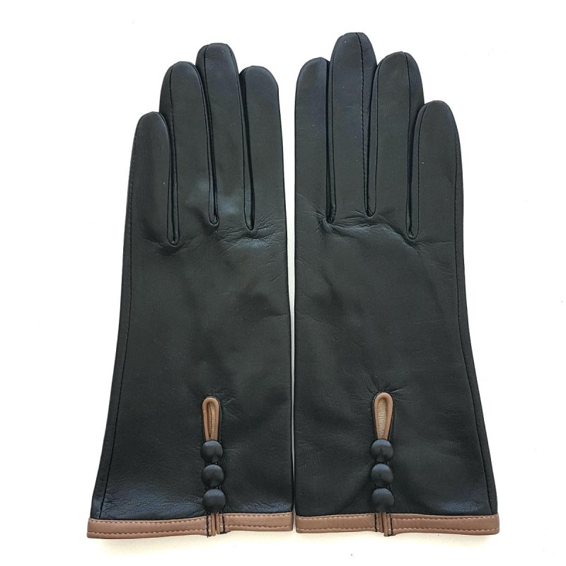 Gants en Cuir d'Agneau Noir Sable Margueritte Doublés Soie.