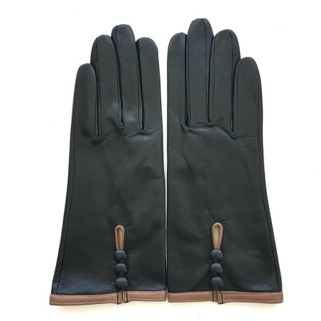 Gants en Cuir d'Agneau Noir Sable Margueritte Doublés Soie.