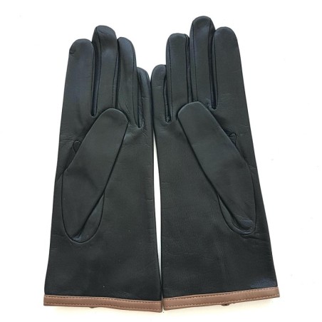 Gants en Cuir d'Agneau Noir Sable Margueritte Doublés Soie.