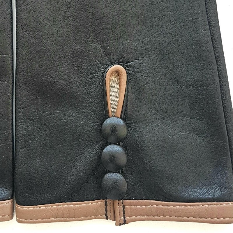 Gants en Cuir d'Agneau Noir Sable Margueritte Doublés Soie.