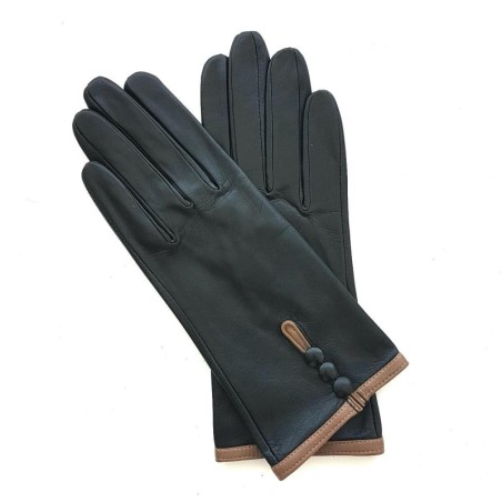 Gants en Cuir d'Agneau Noir Sable Margueritte Doublés Soie.