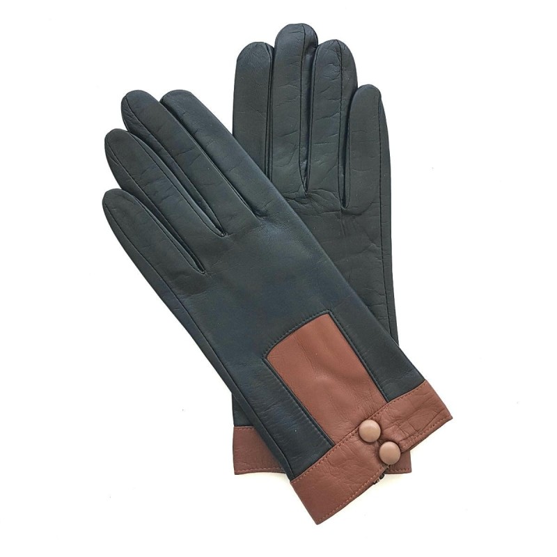 Gants en Cuir d'Agneau Noir Cognac Sable Josépha Doublés Soie.