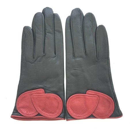 Gants en Cuir d'Agneau Noir Rouge Peuplier Doublés Soie.
