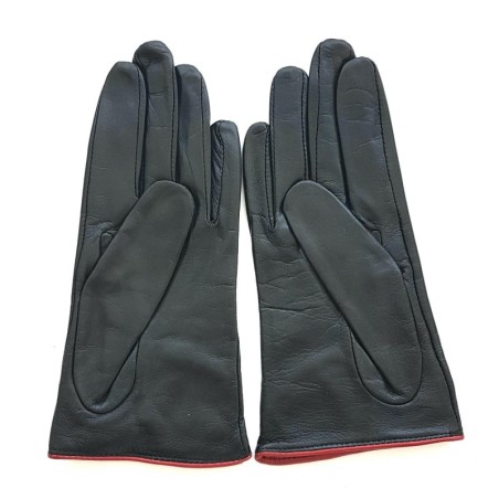 Gants en Cuir d'Agneau Noir Rouge Peuplier Doublés Soie.