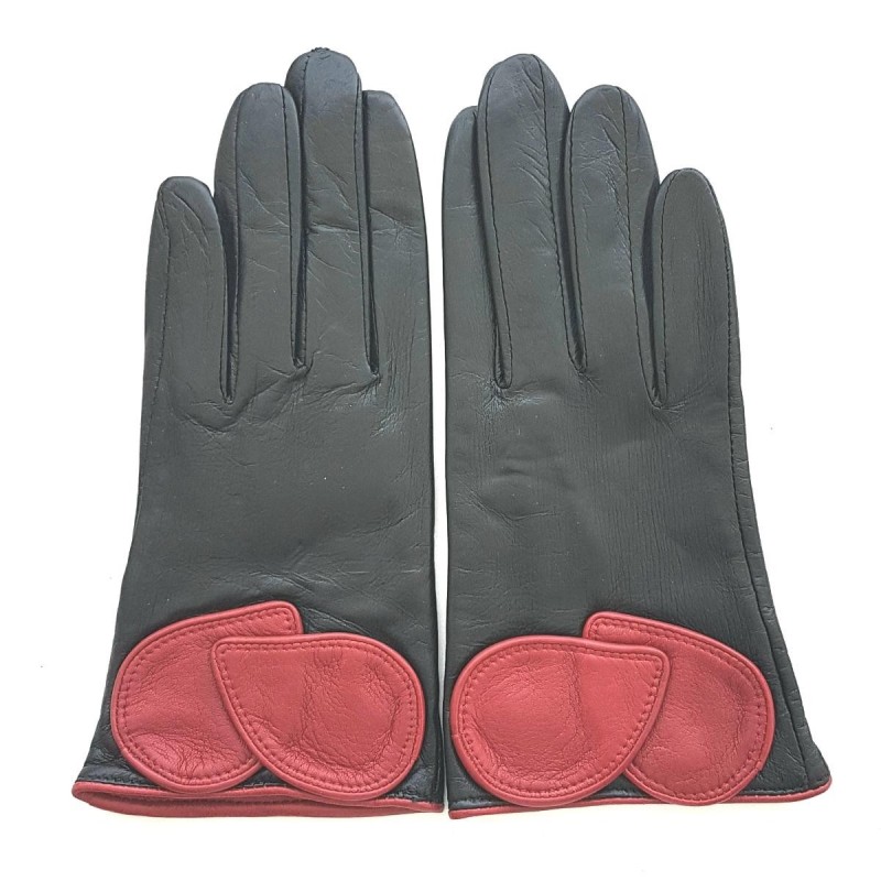 Gants en Cuir d'Agneau Noir Rouge Peuplier Doublés Soie.