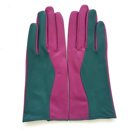 Gants en Cuir d'Agneau Verts Hot Pink Contrasto Doublés Soie.