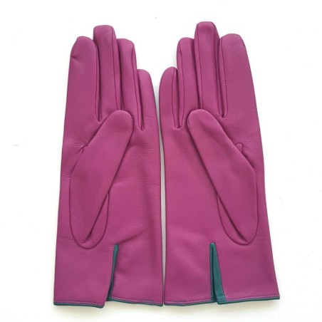 Gants en Cuir d'Agneau Verts Hot Pink Contrasto Doublés Soie.