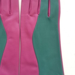 Gants en Cuir d'Agneau Verts Hot Pink Contrasto Doublés Soie.