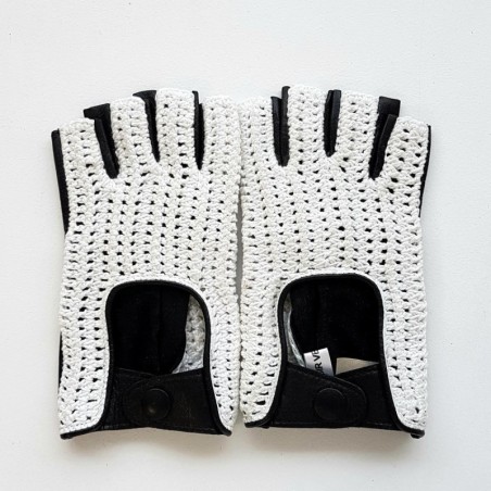 Mitaines Cuir d'Agneau Crochet Coton Noir Blanc Micha Non Doublées.