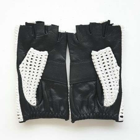 Mitaines Cuir d'Agneau Crochet Coton Noir Blanc Micha Non Doublées.