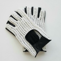 Mitaines Cuir d'Agneau Crochet Coton Noir Blanc Micha Non Doublées.