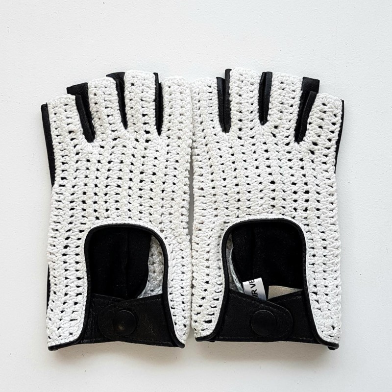 Mitaines Cuir d'Agneau Crochet Coton Noir Blanc Micha Non Doublées.