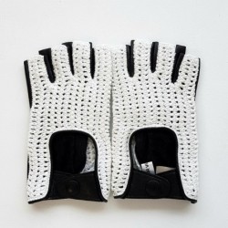Mitaines Cuir d'Agneau Crochet Coton Noir Blanc Micha Non Doublées.