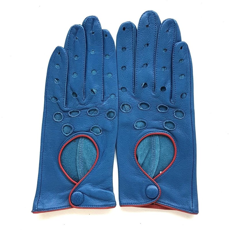 Gants en Cuir d'Agneau Bleus Rouges Martine Non Doublés.