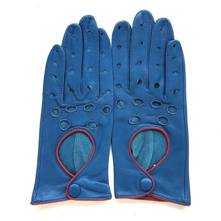Gants en Cuir d'Agneau Bleus Rouges Martine Non Doublés.