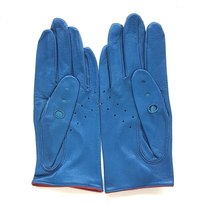 Gants en Cuir d'Agneau Bleus Rouges Martine Non Doublés.