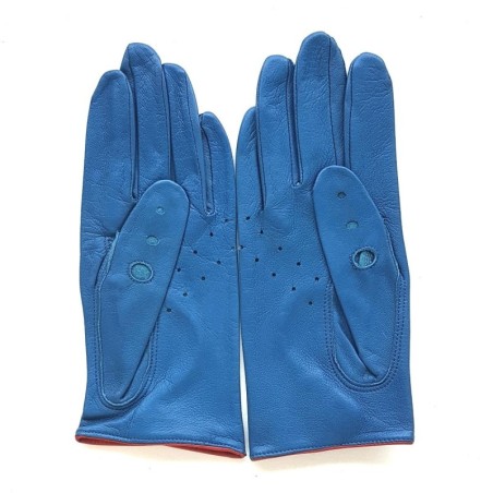 Gants en Cuir d'Agneau Bleus Rouges Martine Non Doublés.