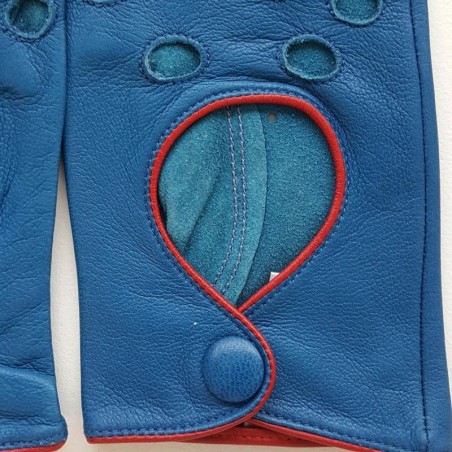 Gants en Cuir d'Agneau Bleus Rouges Martine Non Doublés.
