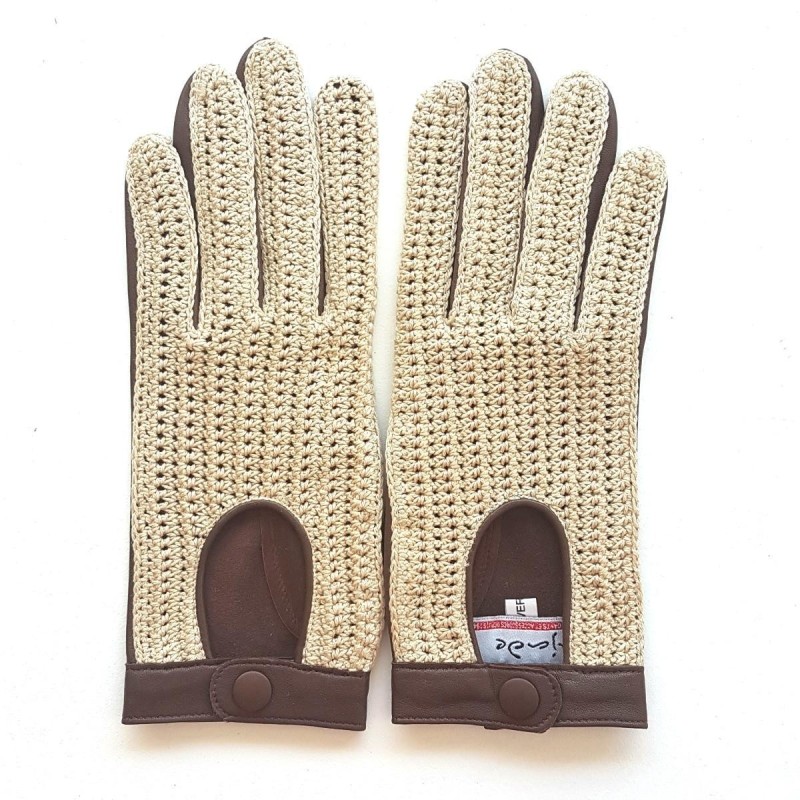 Gants en Cuir et Crochet Coton Havane Alfredine Non Doublés.