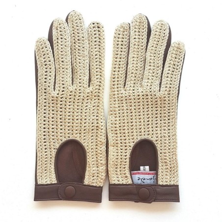 Gants en Cuir et Crochet Coton Havane Alfredine Non Doublés.