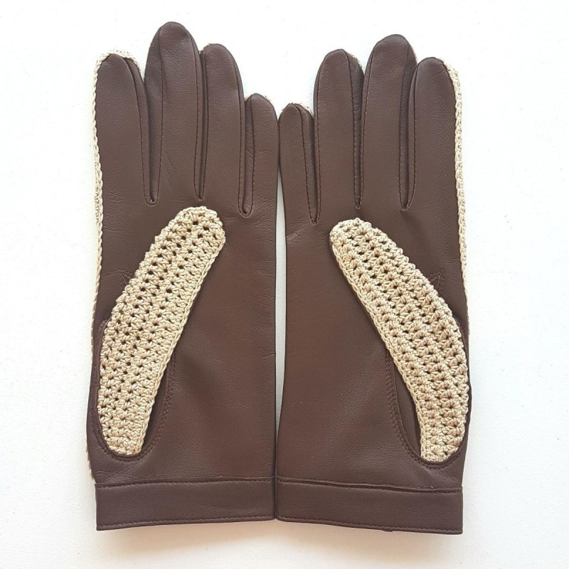 Gants en Cuir et Crochet Coton Havane Alfredine Non Doublés.