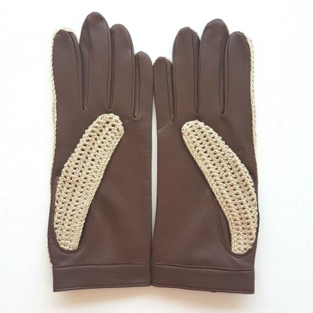 Gants en Cuir et Crochet Coton Havane Alfredine Non Doublés.