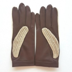 Gants en Cuir et Crochet Coton Havane Alfredine Non Doublés.