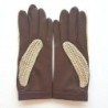 Gants en Cuir et Crochet Coton Havane Alfredine Non Doublés.