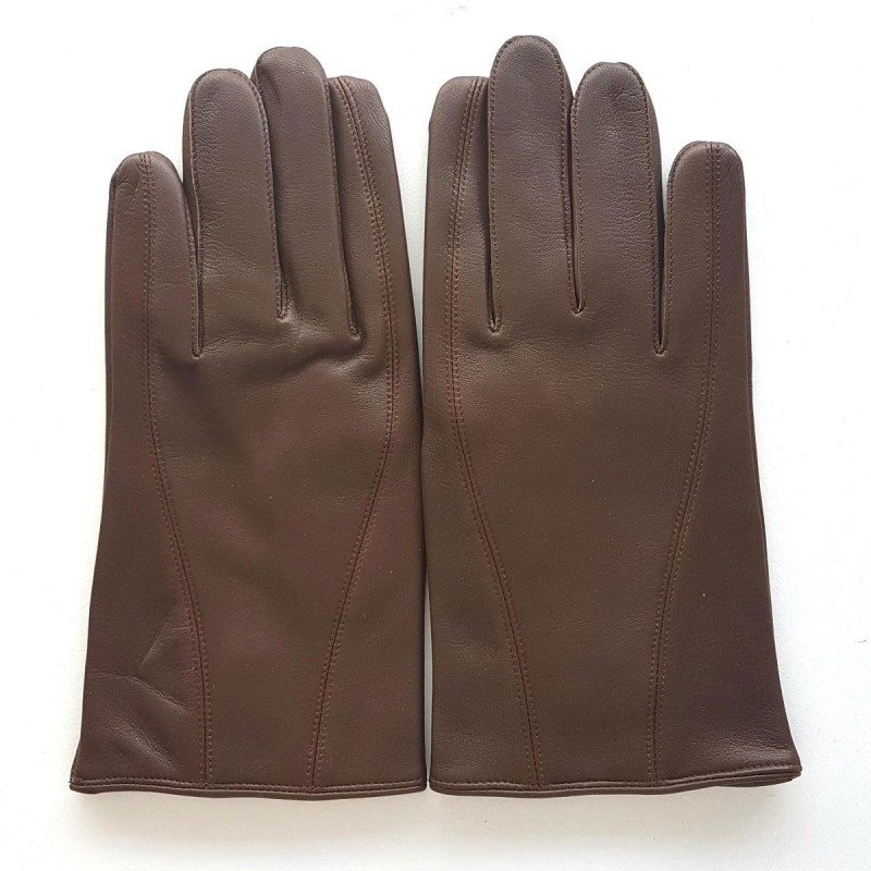 Gants en Cuir d'Agneau Marron Steeve Bis Doublés Soie.