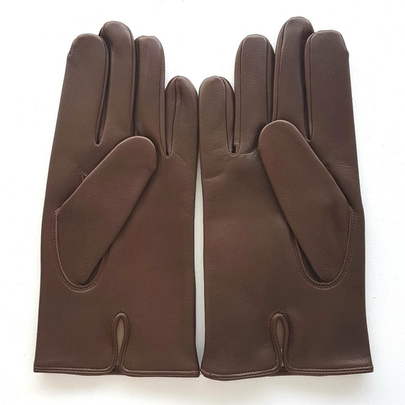 Gants en Cuir d'Agneau Marron Steeve Bis Doublés Soie.