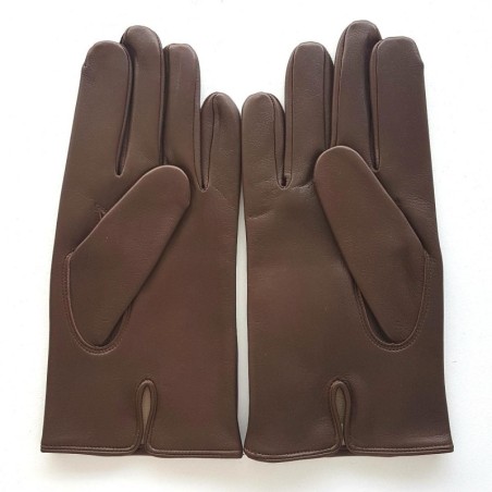 Gants en Cuir d'Agneau Marron Steeve Bis Doublés Soie.