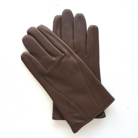 Gants en Cuir d'Agneau Marron Steeve Bis Doublés Soie.