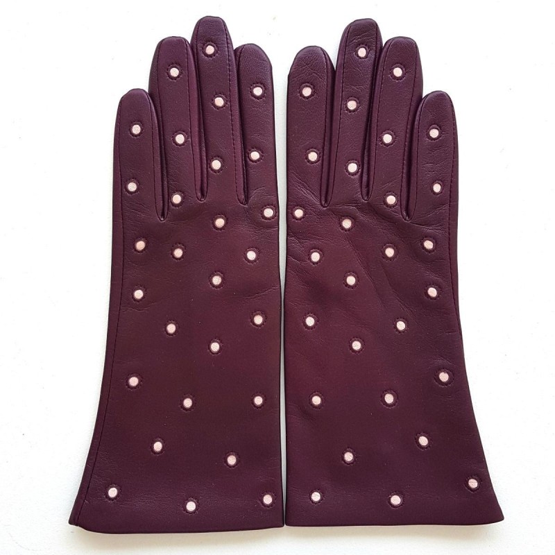 Gants en Cuir d'Agneau Cassis Rose Coccinelle Doublés Soie.