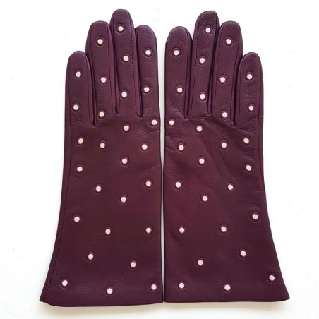 Gants en Cuir d'Agneau Cassis Rose Coccinelle Doublés Soie.