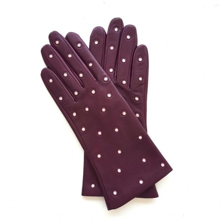 Gants en Cuir d'Agneau Cassis Rose Coccinelle Doublés Soie.