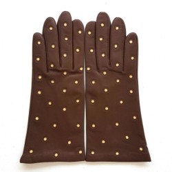 Gants en Cuir d'Agneau Havane Beige Coccinelle Doublés Soie.