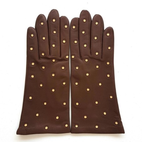 Gants en Cuir d'Agneau Havane Beige Coccinelle Doublés Soie.
