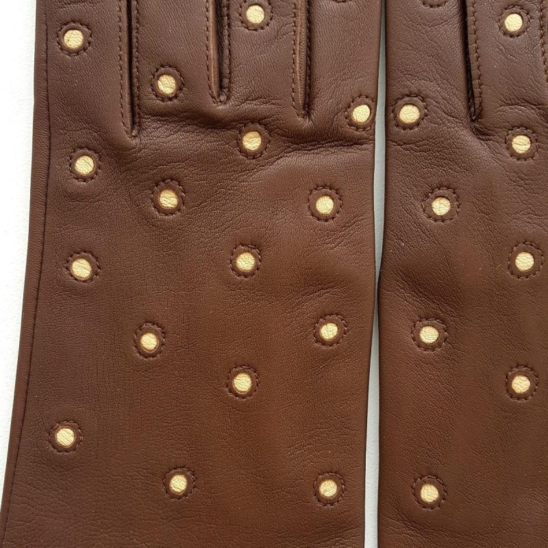 Gants en Cuir d'Agneau Havane Beige Coccinelle Doublés Soie.