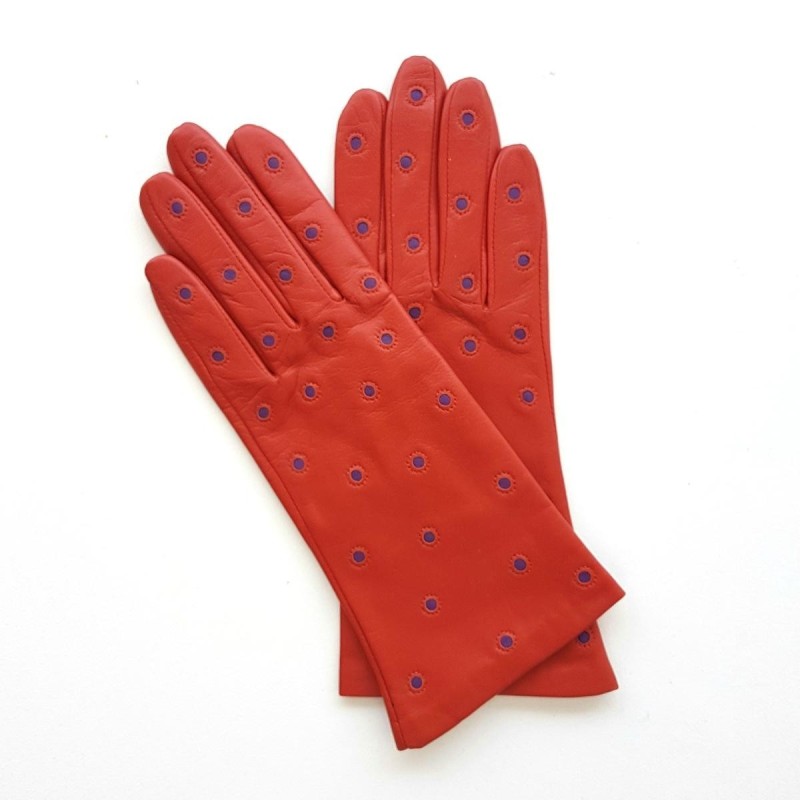 Gants en Cuir d'Agneau Orange Améthyste Coccinelle Doublés Soie.
