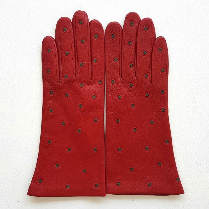 Gants en Cuir d'Agneau Rouges Kaki Coccinelle Doublés Soie.