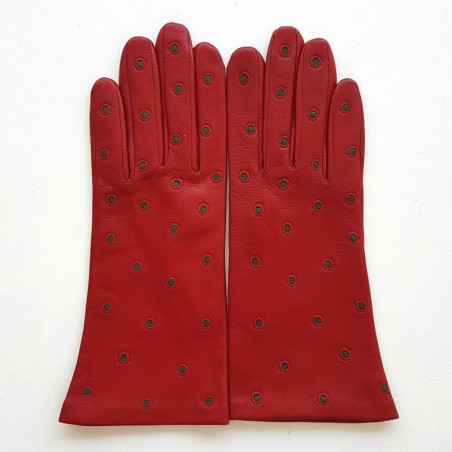Gants en Cuir d'Agneau Rouges Kaki Coccinelle Doublés Soie.