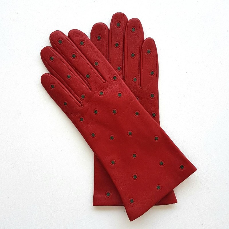 Gants en Cuir d'Agneau Rouges Kaki Coccinelle Doublés Soie.