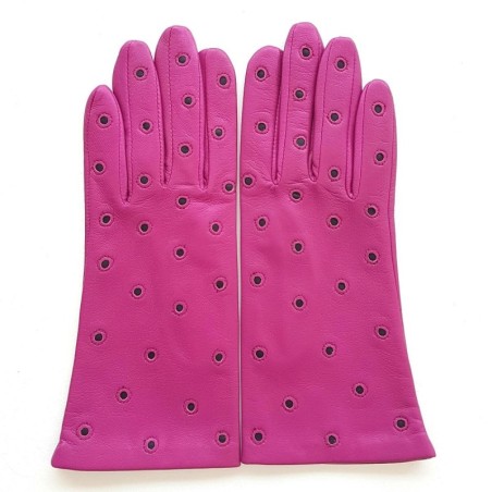 Gants en Cuir d'Agneau Hot Pink Noir Coccinelle Doublés Soie.