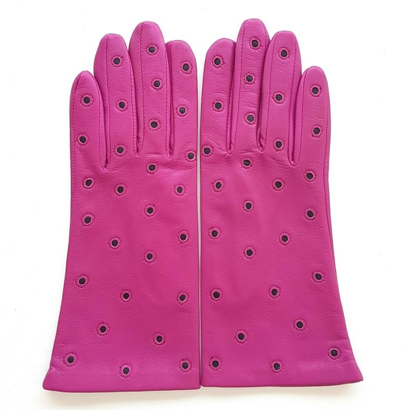 Gants en Cuir d'Agneau Hot Pink Noir Coccinelle Doublés Soie.