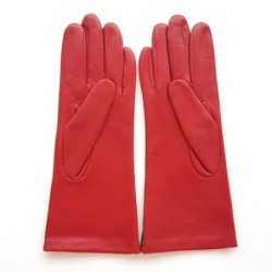Gants en Cuir d'Agneau Rouge Havane Sybille Doublé Soie.