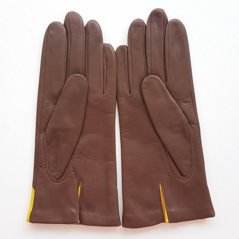 Gants en Cuir d'Agneau Havane Jaune Aglaé Doublé Soie.