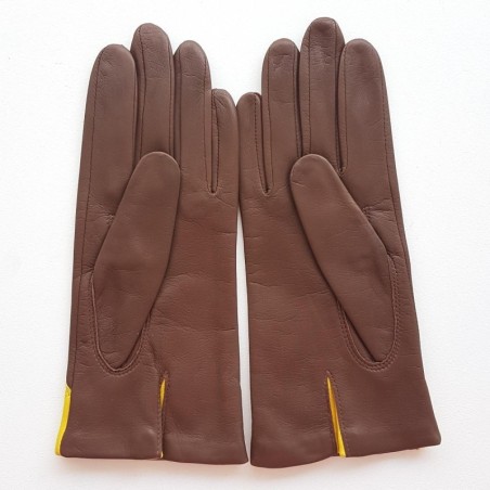 Gants en Cuir d'Agneau Havane Jaune Aglaé Doublé Soie.