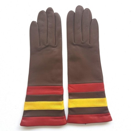 Gants en Cuir d'Agneau Havane Jaune Rouge Donille Doublés Soie.